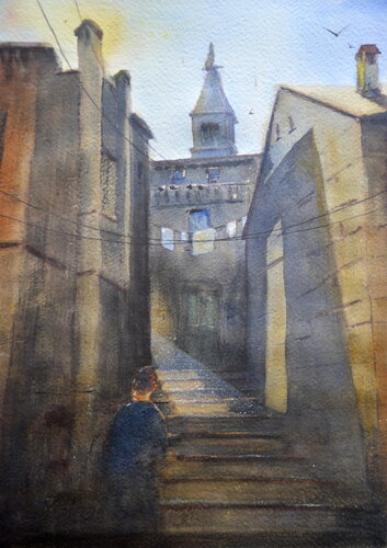 Sun in windows Rovigno Croatia 25x36 cm 2023 van Nenad Kojić, Schilderij te koop op Singulart