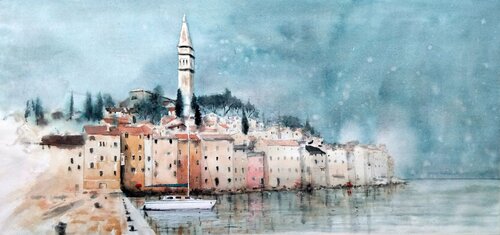 Bela ladja Rovinj Croatia 94x44cm 2025 di Nenad Kojić, Pittura in vendita su Singulart