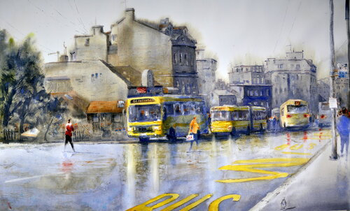 Belgrade rapsody in yellow 54x90cm 2023 van Nenad Kojić, Schilderij te koop op Singulart