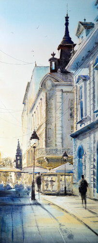 Sunny day at corner of Knez Belgrade 87x35 cm 2023 by Nenad Kojić, Painting for Sale on Singulart