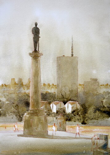 The cloud above the statue of the winner Belgrade 25x36 cm 2024 von Nenad Kojić, Malerei kaufen auf Singulart