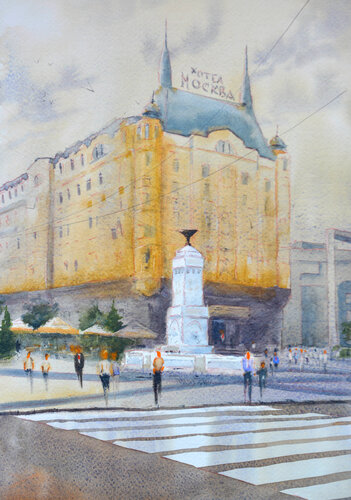 A day before Hotel Moskva Terazije Belgrade 25x36 cm 2024 von Nenad Kojić, Malerei kaufen auf Singulart