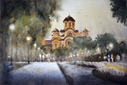 Cold Sunset at Tasmajdan and St Markos church Beograd 35x54cm 2024 von Nenad Kojić, Malerei kaufen auf Singulart