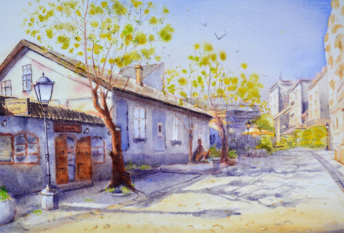 A sunny day at Skadarlijski boem Skadarlija Belgrade 53x36 cm 2024 von Nenad Kojić, Malerei kaufen auf Singulart