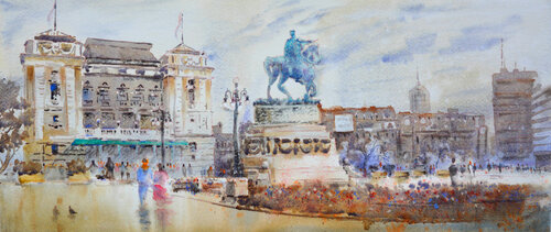 A day at Old Republic Square Belgrade 23x54 cm 2024 van Nenad Kojić, Schilderij te koop op Singulart
