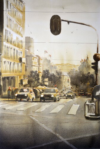 Sunset at Kneza Milosa Beograd 35x54cm 2024 von Nenad Kojić, Malerei kaufen auf Singulart