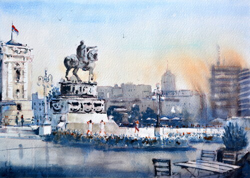 Blue day at Old Republic Square Belgrade 25x35 cm 2024 von Nenad Kojić, Malerei kaufen auf Singulart