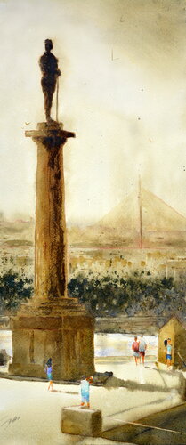 The winner statue and Ada bridge Belgrade 23x54 cm 2024 von Nenad Kojić, Malerei kaufen auf Singulart