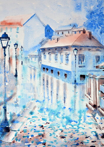 Blue and wet Skadarlija Belgrade 25x36 cm 2024 by Nenad Kojić, Painting for Sale on Singulart