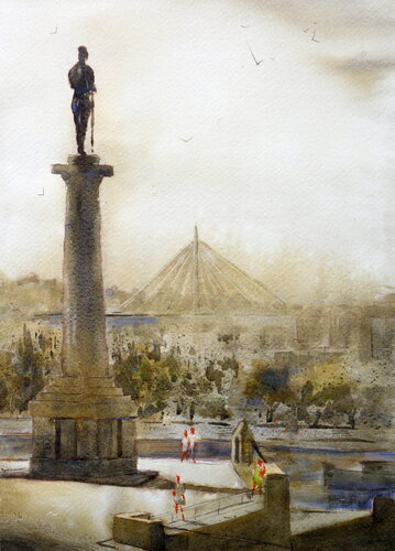 The winner statue and Ada bridge Belgrade 25x36 cm 2024 von Nenad Kojić, Malerei kaufen auf Singulart