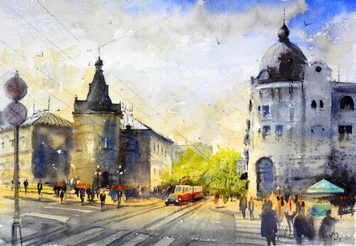 Jutarnji tramvaj ispred SKC-a Beograd 25x36 cm 2019 von Nenad Kojić, Malerei kaufen auf Singulart