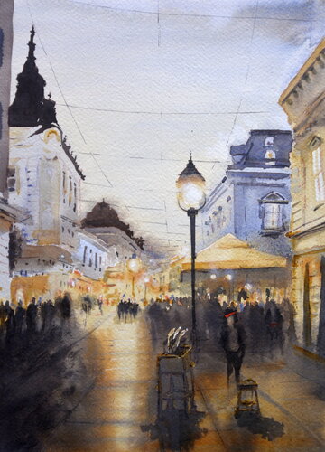 Ulicna svetla u Knezu Beograd 25x36 cm 2025 von Nenad Kojić, Malerei kaufen auf Singulart