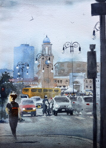 Crowded street Trieste Italy 25x36 cm 2025 by Nenad Kojić, Painting for Sale on Singulart