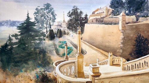 Big stairs Kalemegdan view 52x94cm 2025 di Nenad Kojić, Pittura in vendita su Singulart