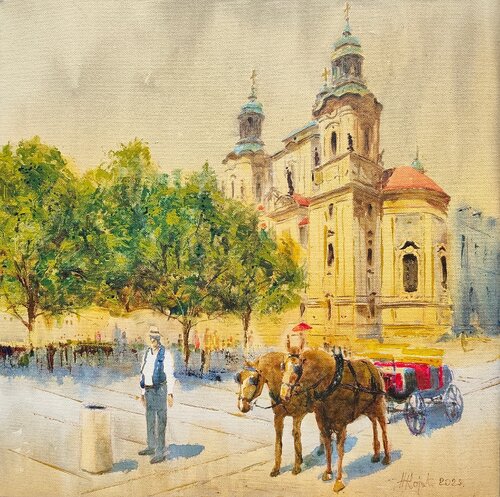 Horses before St. Nicholas Church Old Town Prague 50x50 cm 2025 Nenad Kojić