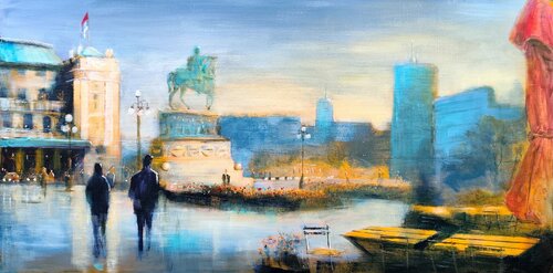 Vibrant colors of Republic Square Beograd 50x100cm 2025 di Nenad Kojić, Pittura in vendita su Singulart