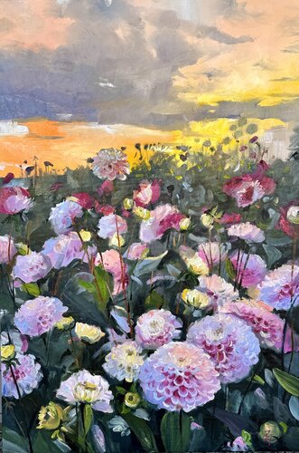 Field of dahlias de Elena Hromova, Pintura a la venta en Singulart