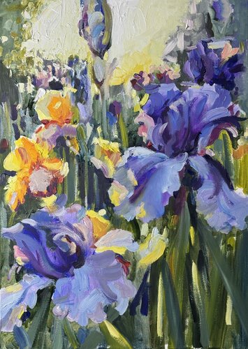 Beautiful irises are blooming in the garden. par Elena Hromova, Dessin en vente sur Singulart
