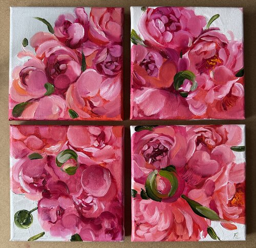 A quadriptych of salmon peonies van Elena Hromova, Tekening te koop op Singulart
