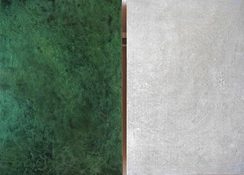 3169 Green/Silver; 2-teilig, je 26,7 x 18 cm, Multiplex-Schichtholzplatten by Volker W. Hamann, Painting for Sale on Singulart