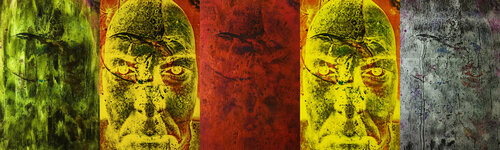 SELBSTPORTRAIT (HONOGRAPH-TAFELBILDER 3974); 5-teilig, je 25 x 18 cm, Mischtechnik auf Schichtholzplatte di Volker W. Hamann, Altri media in vendita su Singulart