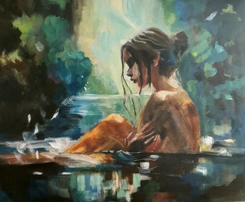 donna che fa il bagno nella natura di Monica Catto, Pittura in vendita su Singulart