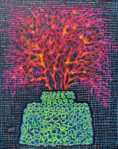 Pink coral in a green vase di Olga 'ROArtUS' Rokhmanyuk, Pittura in vendita su Singulart