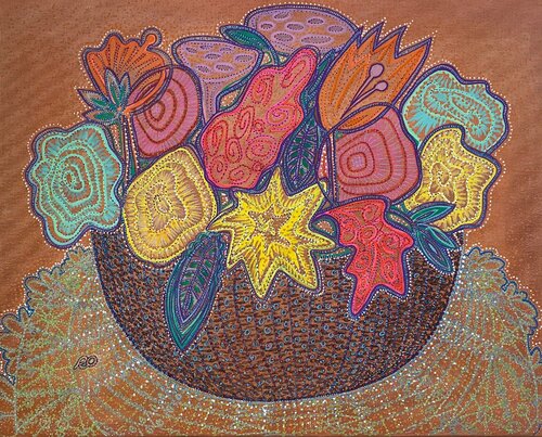 Bouquet on a lace napkin di Olga 'ROArtUS' Rokhmanyuk, Pittura in vendita su Singulart