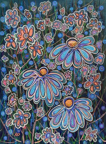 Three blue flowers van Olga 'ROArtUS' Rokhmanyuk, Schilderij te koop op Singulart