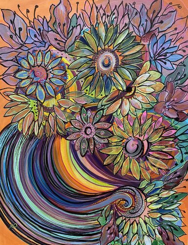 Flowers in striped vase by Olga 'ROArtUS' Rokhmanyuk, Painting for Sale on Singulart