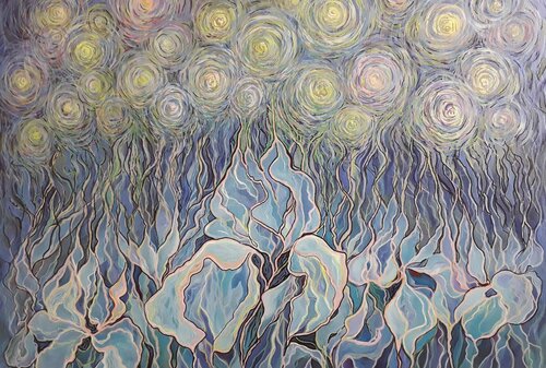 Blue irises under the starry sky von Olga 'ROArtUS' Rokhmanyuk, Malerei kaufen auf Singulart