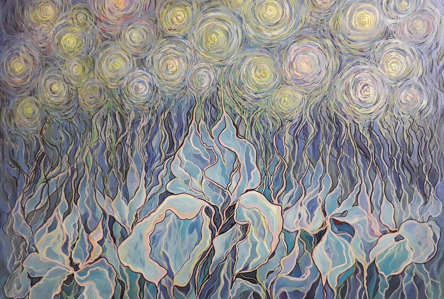 Blue irises under the starry sky Olga 'ROArtUS' Rokhmanyuk Dipinto originale in vendita