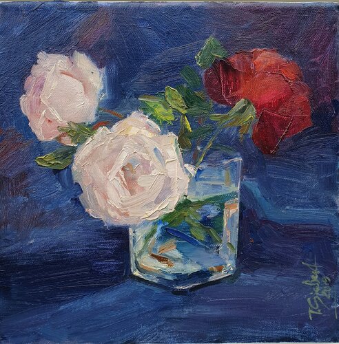 "Rosen  in einer Glasvase"  Etüde (blau) von Tamara Siebert, Malerei kaufen auf Singulart