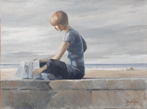 Lesendes Mädchen am Strand van Tamara Siebert, Schilderij te koop op Singulart