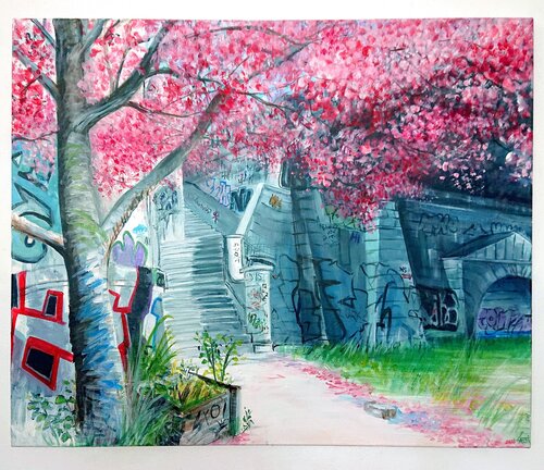 "Kirschblütenweg” (Cherry blossom path) by Laetitia Hildebrand, 회화 for Sale on Singulart