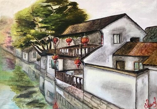 CHINESE VENICE Zhouzhuang | oil painting | original par SVETLANA SHAVRINA, Peinture en vente sur Singulart