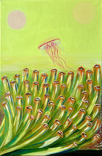 Jellyfish floats in a verdant sky | oil painting on canvas | original von SVETLANA SHAVRINA, Malerei kaufen auf Singulart