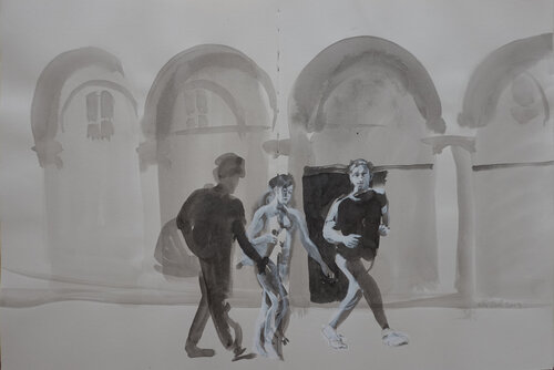 drei Jugendliche unterwegs in Colmar by Christoph Fischer, 소묘 for Sale on Singulart