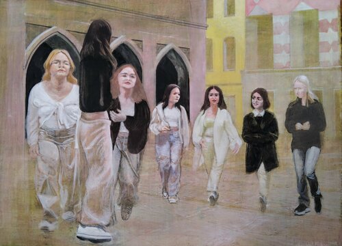 Teenie-Gruppe am Marienplatz München by Christoph Fischer, Painting for Sale on Singulart