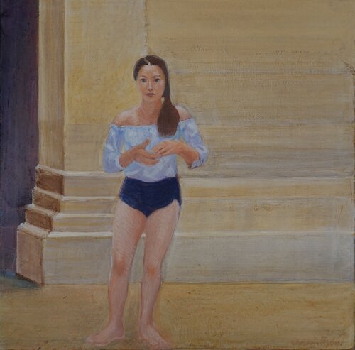 Eine Besucherin im Louvre di Christoph Fischer, Pittura in vendita su Singulart