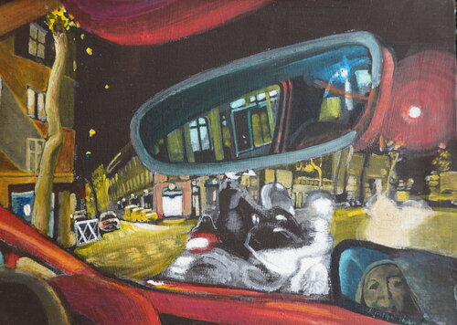 Der Rückspiegel, Paris nachts im Auto van Christoph Fischer, Schilderij te koop op Singulart
