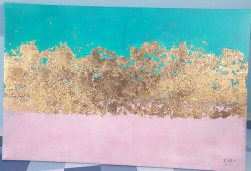Acryl Bild XXL "Deko Grün, Blattgold, Rosa"       115cm x 75 cm x 2c di Irene Schlik, Pittura in vendita su Singulart