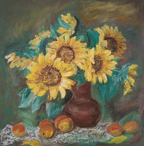 Ölgemälde " Sonnenblumen und Pfirsichen " von Irene Schlik, Malerei kaufen auf Singulart