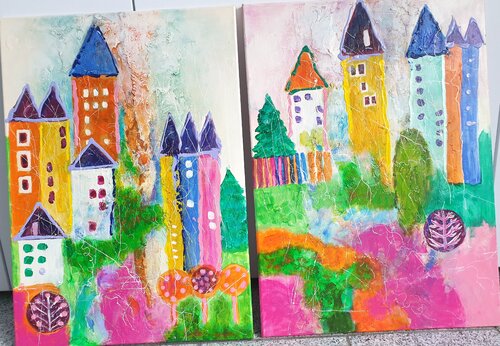 Acryl Bild "Bundes Dorf"      2mal x 50cm x 70cm x 2cm von Irene Schlik, Malerei kaufen auf Singulart