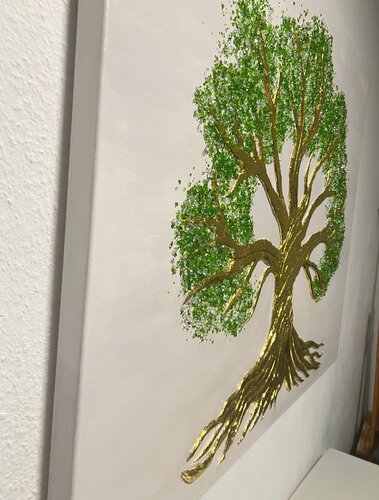Öl Gemälde "Reichtums Baum"  Blattgold ,Grün van Irene Schlik, Schilderij te koop op Singulart