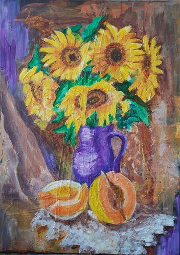 Acryl Bild  Struktur "Sonnenblumen Strauß und Zuckermelone"    50cm x 70cm by Irene Schlik, Painting for Sale on Singulart
