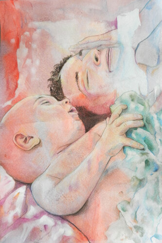 Mother and son sleeping de Sadik Mottola, Pintura a la venta en Singulart