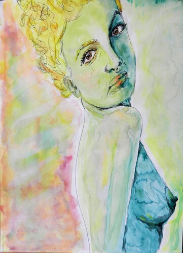 nude of blond woman slightly smiling de Sadik Mottola, Pintura a la venta en Singulart