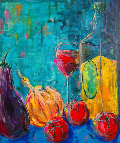 Aubergine, Onion, Tomatoes, Red Wine and Olive Oil by Dawn Underwood, Painting for Sale on Singulart