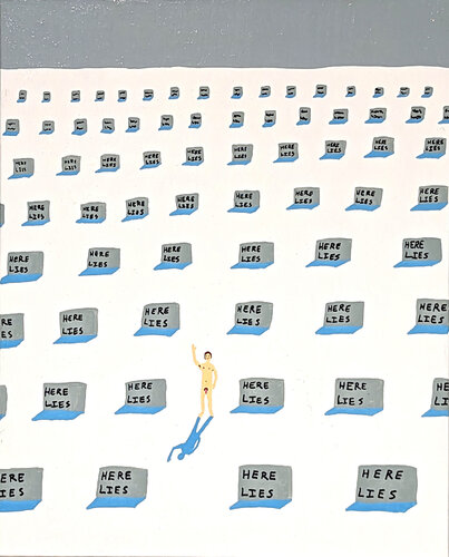 “This is me in a field full of lies” Contemporary Figurative Dark Humor Painting von Alexander Paulus, Malerei kaufen auf Singulart